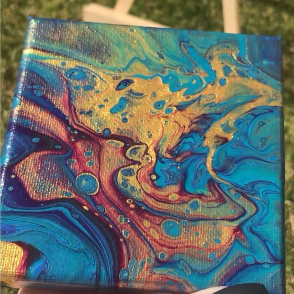 4”x4” Blue & Gold Abstract Painting Small Canvas - Picture 2 of 9